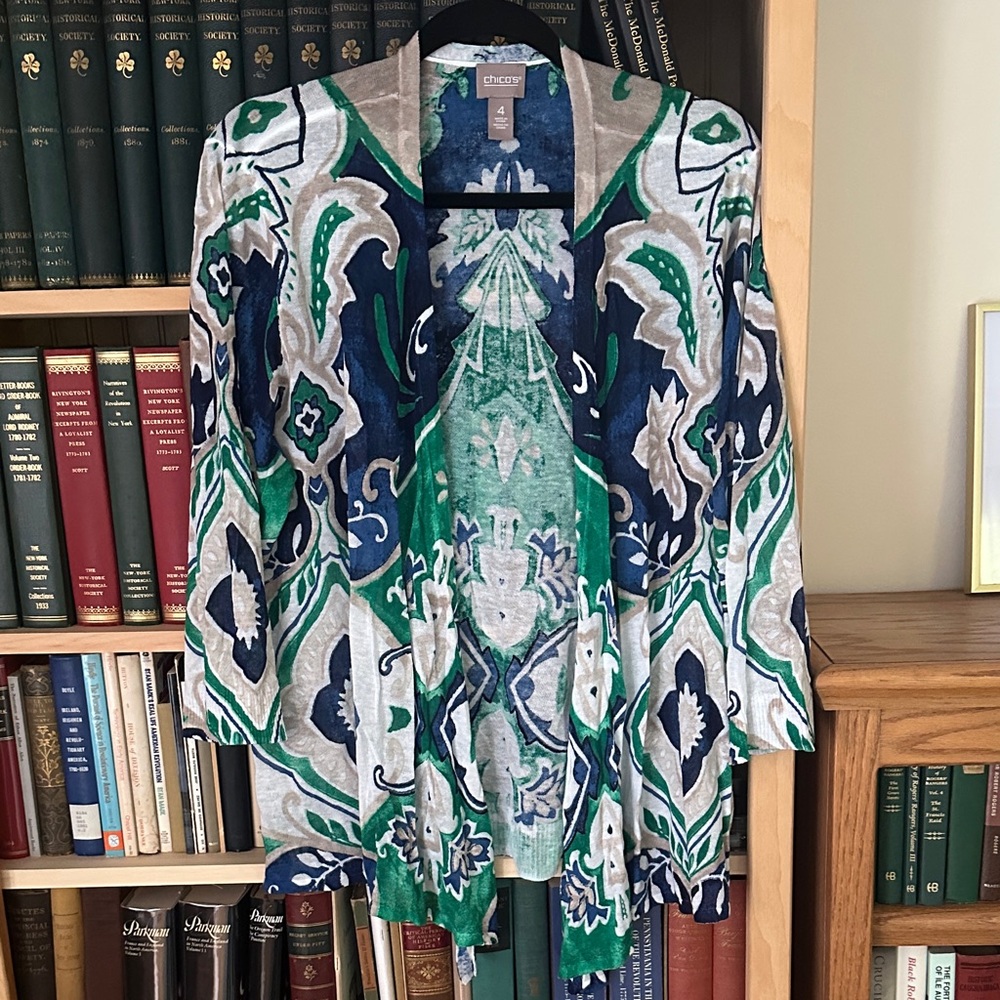 Chico's Green, Navy & Gray Patterned Open-Front Cardigan